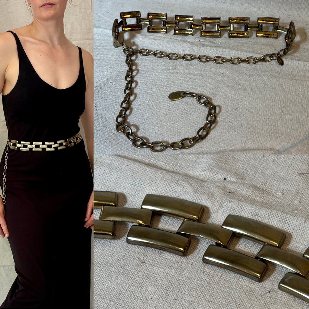 Vintage 70s Gold Brass Square Brick Chain Concho Hip Belt size M/L